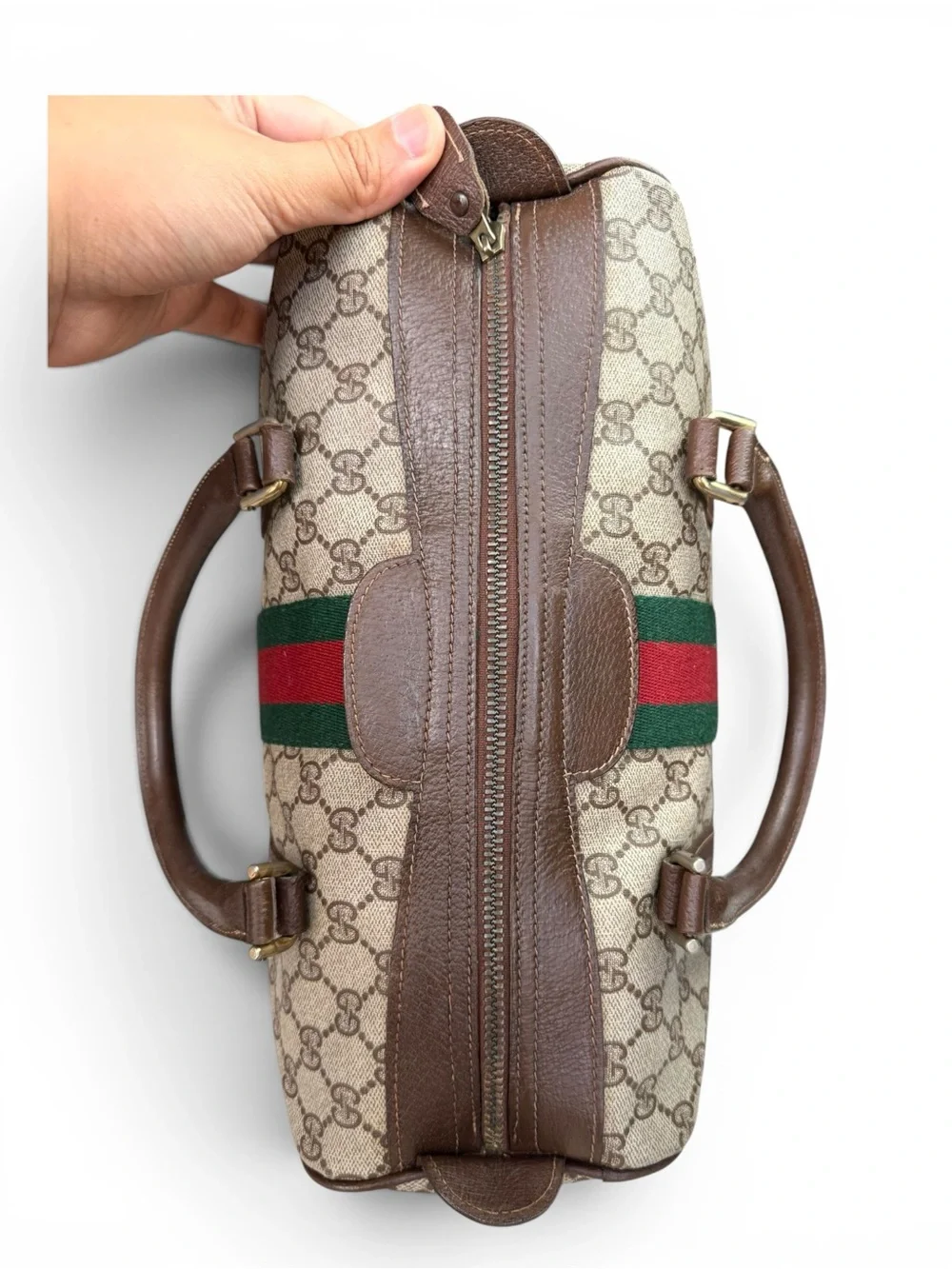 Gucci Beige GG Supreme Canvas Duffel with Brown Leather and Green-Red Web